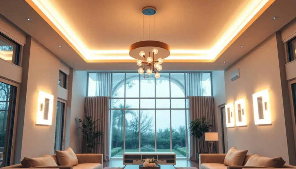A modern, stylish home interior with a focus on a state-of-the-art smart lighting system. The scene features a spacious living room with large windows flooding the space with natural light. In the center, a sleek, minimalist lighting fixture with adjustable LED bulbs casts a warm, ambient glow. Wall-mounted smart light panels flank the fixture, creating a layered, customizable lighting arrangement. The lighting seamlessly integrates with voice-controlled smart home systems, allowing residents to effortlessly set the perfect mood and ambiance. The room is furnished with contemporary, clean-lined furniture in muted tones, complementing the advanced, yet elegant lighting design.
