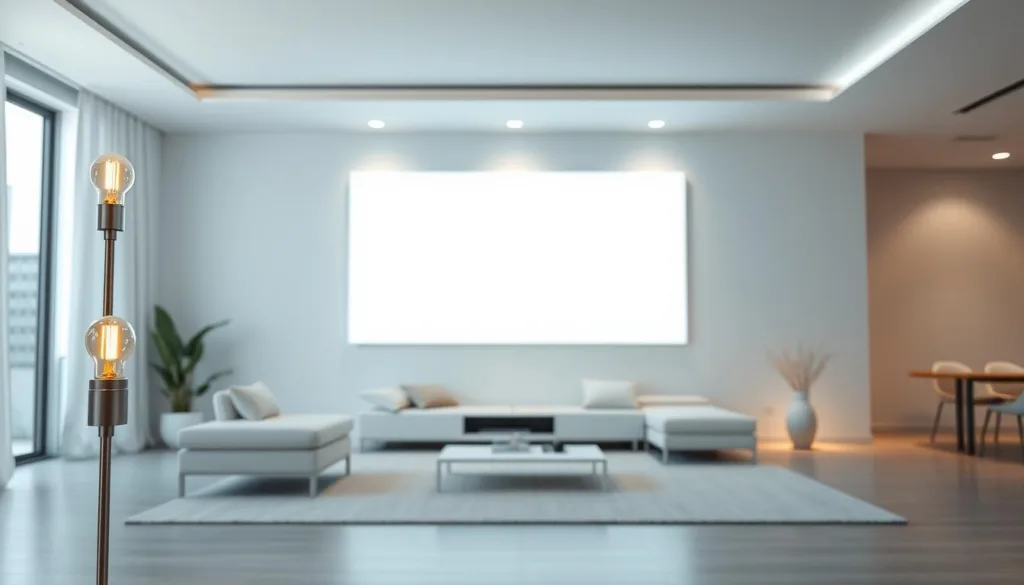 A sleek, minimalist living room with a focus on innovative smart lighting solutions. In the foreground, a modern floor lamp with adjustable, dimmable LED bulbs casts a warm, ambient glow. The middle ground features a large, wall-mounted smart light panel that can change color temperature and intensity to suit the mood. In the background, recessed ceiling lights are seamlessly integrated, creating a sophisticated, fully automated lighting system. The room is bathed in a soft, natural light, conveying a sense of comfort and technological sophistication. The overall scene exudes a clean, contemporary aesthetic that perfectly aligns with the vision of "Revolutionary Smart Lighting Systems for Modern Homes".