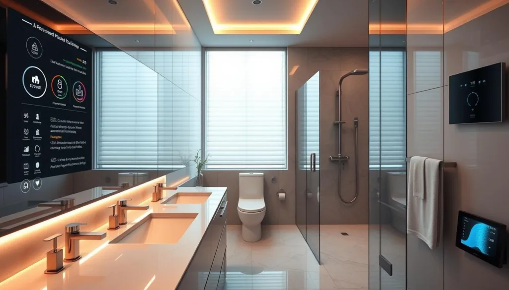A sleek, modern bathroom with intelligent fixtures and seamless integration of smart home technology. In the foreground, a state-of-the-art touchscreen mirror displays personalized health data, lighting, and climate controls. The counter features voice-activated faucets and soap dispensers. In the middle ground, a self-cleaning toilet with automated lid and flushing. Recessed LED lighting creates a warm, relaxing ambiance. Large windows flood the space with natural light, while smart shades adjust for privacy. In the background, a high-tech shower with voice commands, personalized water temperature, and built-in speakers for a spa-like experience. An automated towel warmer and a digital display for weather, news, and schedules complete the futuristic, yet serene, bathroom oasis.