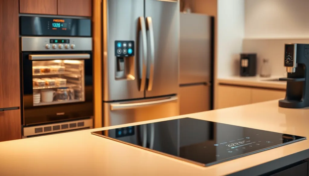 A sleek, modern kitchen counter showcasing an array of cutting-edge smart appliances. In the foreground, a state-of-the-art touchscreen oven displays digital cooking presets and recipes. Next to it, a voice-controlled smart fridge displays real-time inventory and recommends meal ideas. In the middle ground, a high-tech induction cooktop with integrated digital controls and automatic safety shutoff. In the background, a minimalist countertop coffee machine with Wi-Fi connectivity and customizable brew settings. The scene is bathed in warm, soft lighting that highlights the seamless integration of technology and kitchen design, creating an atmosphere of culinary innovation and efficiency.
