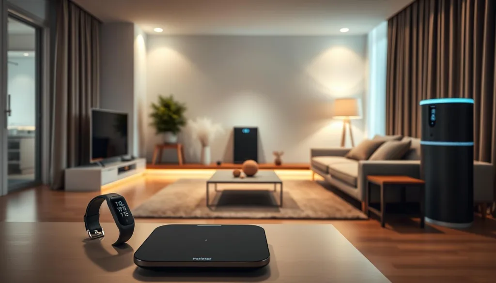 A sleek, modern living room with an array of cutting-edge smart home health and wellness devices. In the foreground, a high-tech fitness tracker and a smart scale seamlessly integrated into the minimalist furniture. In the middle ground, a smart air purifier and humidifier work silently, maintaining optimal indoor air quality. The background features a smart lighting system, adjusting the ambiance to create a soothing, relaxing atmosphere. Soft, diffused lighting from concealed sources casts a warm glow, highlighting the sophisticated, streamlined design of the devices. The scene conveys a sense of effortless, intuitive control over the home environment, empowering the occupants to prioritize their well-being.